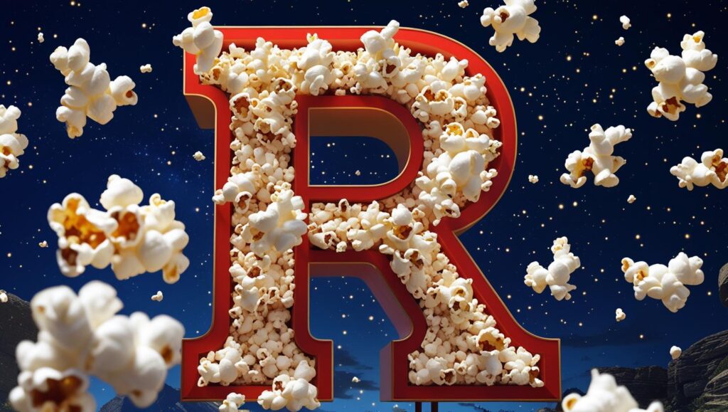 big letter r with movie theme but more colorful with flying popcorn